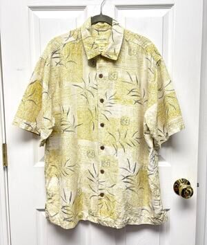 Joseph & Feiss Shirt 100% Silk Hawaiian Mens M Yellow Tropical Button Front Camp
